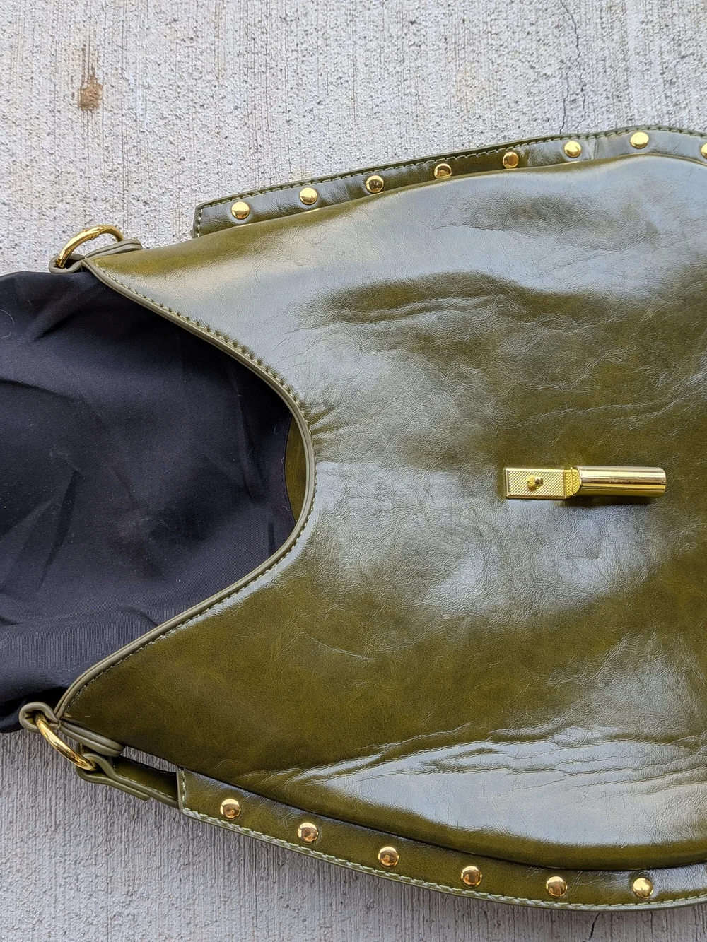 Vintage Olive Green Hobo Shoulder Bag - With Gold Turn Lock And Studs